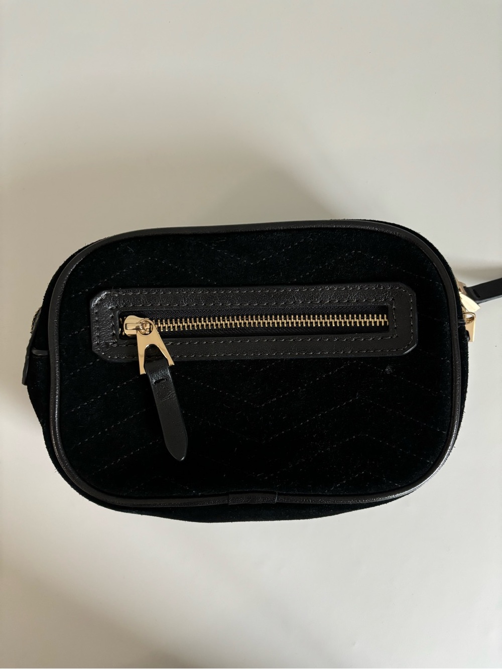 Black Velvet Quilted Crossbody Bag with Gold Zipper